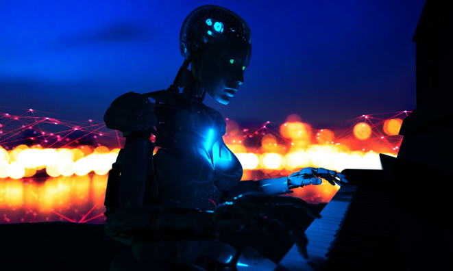 Robot playing a keyboard in front of a colourful background