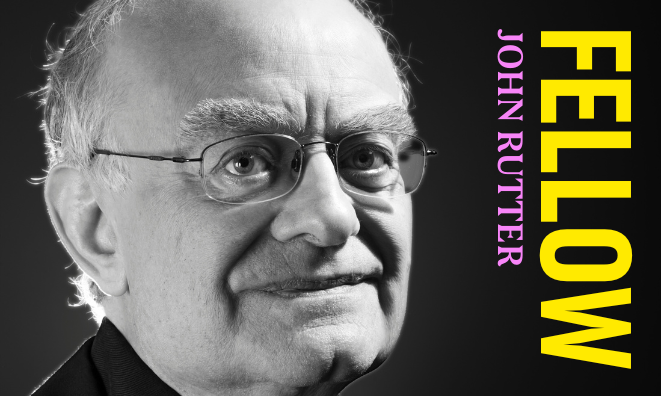 Black and white photograph of composer John Rutter, Fellow of The Ivors Academy