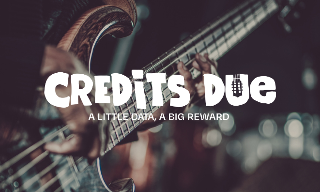 Credits Due logo over image of a bass guitar