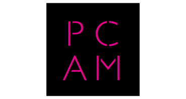 PCAM logo - pink text on black square