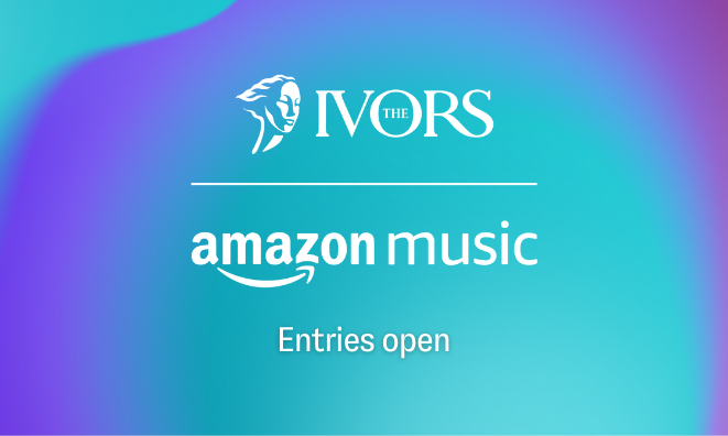 The Ivors with Amazon Music logo and 'entries open' on a blue and purple background