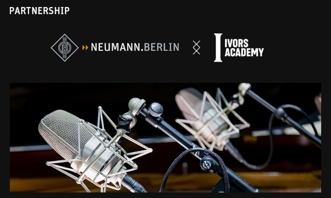 Neumann Berlin and Ivors Academy logos with photo of two Neumann microphones