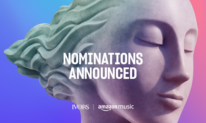 Sculpture of Euterpe on a purple and pink gradient with the text 'Nominations announced' and the logos The Ivors and Amazon Music