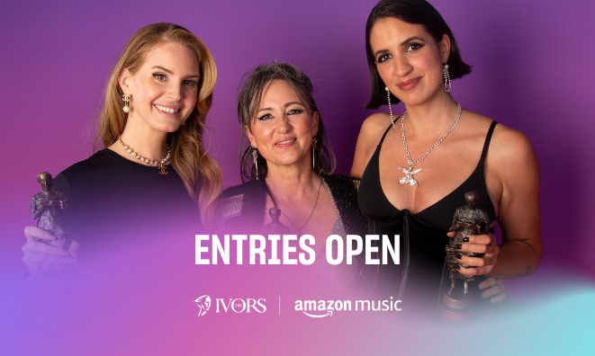 Lana Del Rey, KT Tunstall and Victoria Canal pose with their IVor Novello Awards with the text Entries Open and the logo for The Ivors with Amazon Music