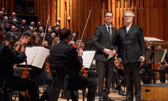 Tom Gray and and James Macmillan at the Barbican. Tom is presenting James with Fellowship of The Ivors Academy.