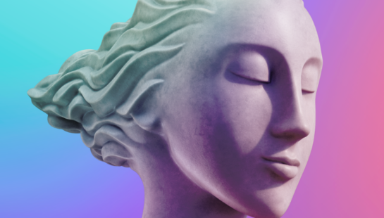 Euterpe head on purple and blue background