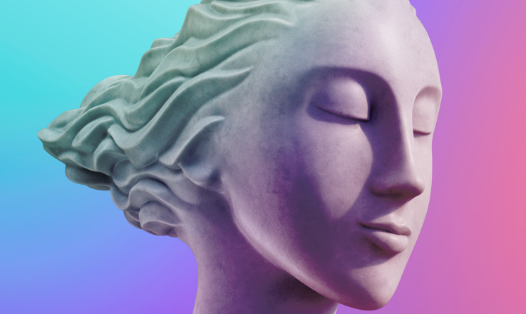 Euterpe head on purple and blue background