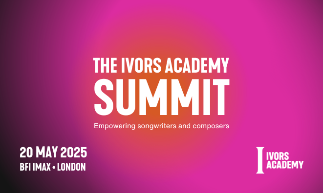 Text with "The Ivors Academy Summit, empowering songwriters and composer. 20 May 2025, BFI IMAX"