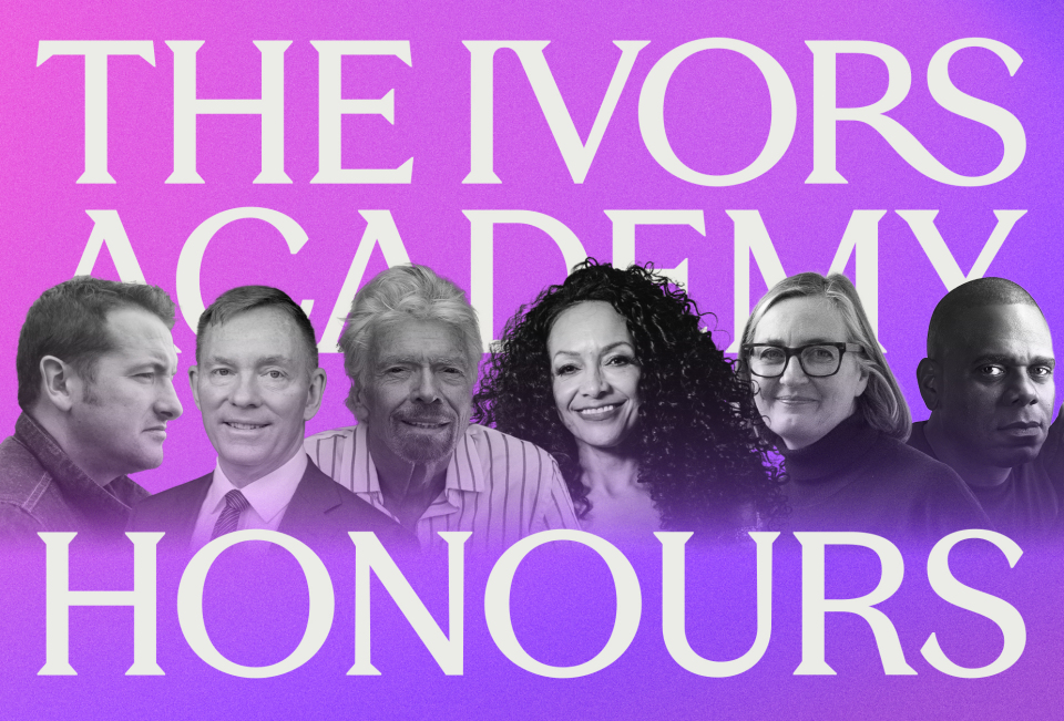 The Ivors Academy Honours logo on a purple background with photos of John Sweeney, Chris Bryant, Richard Branson, Kanya King, Catherine Manners and Jon Platt.