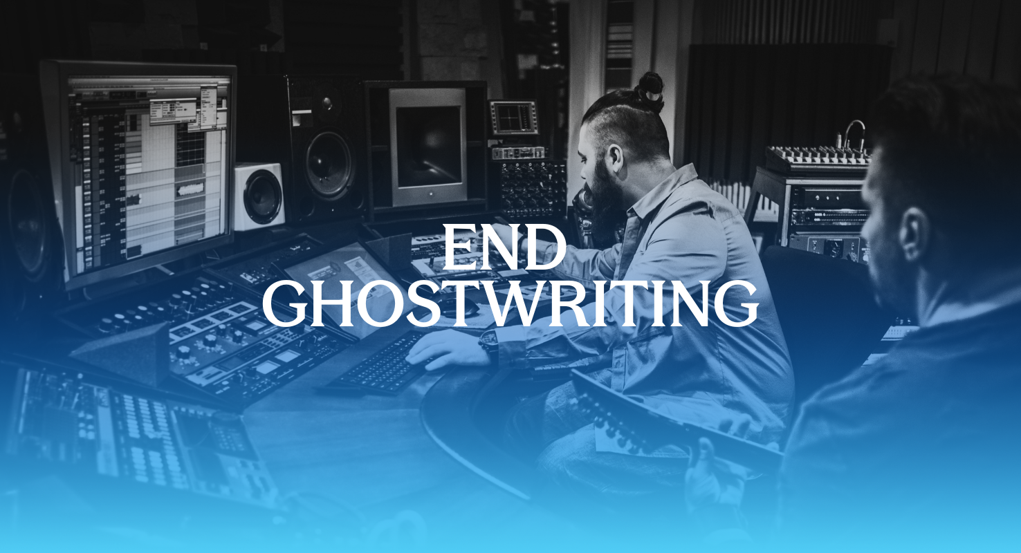 People in a studio with the text End Ghostwriting overlayed