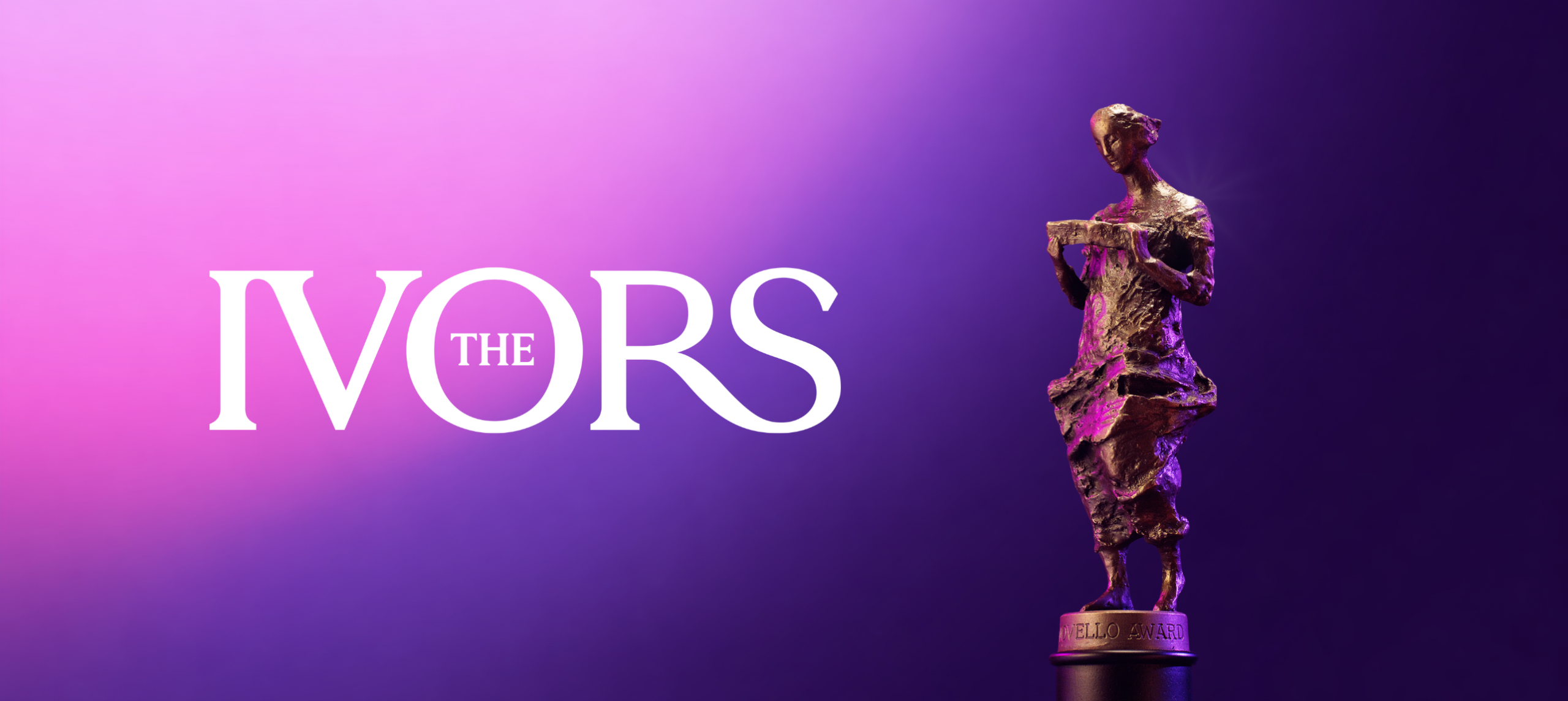 Ivor Novello Award statuette in front of a purple gradient and the logo: The Ivors