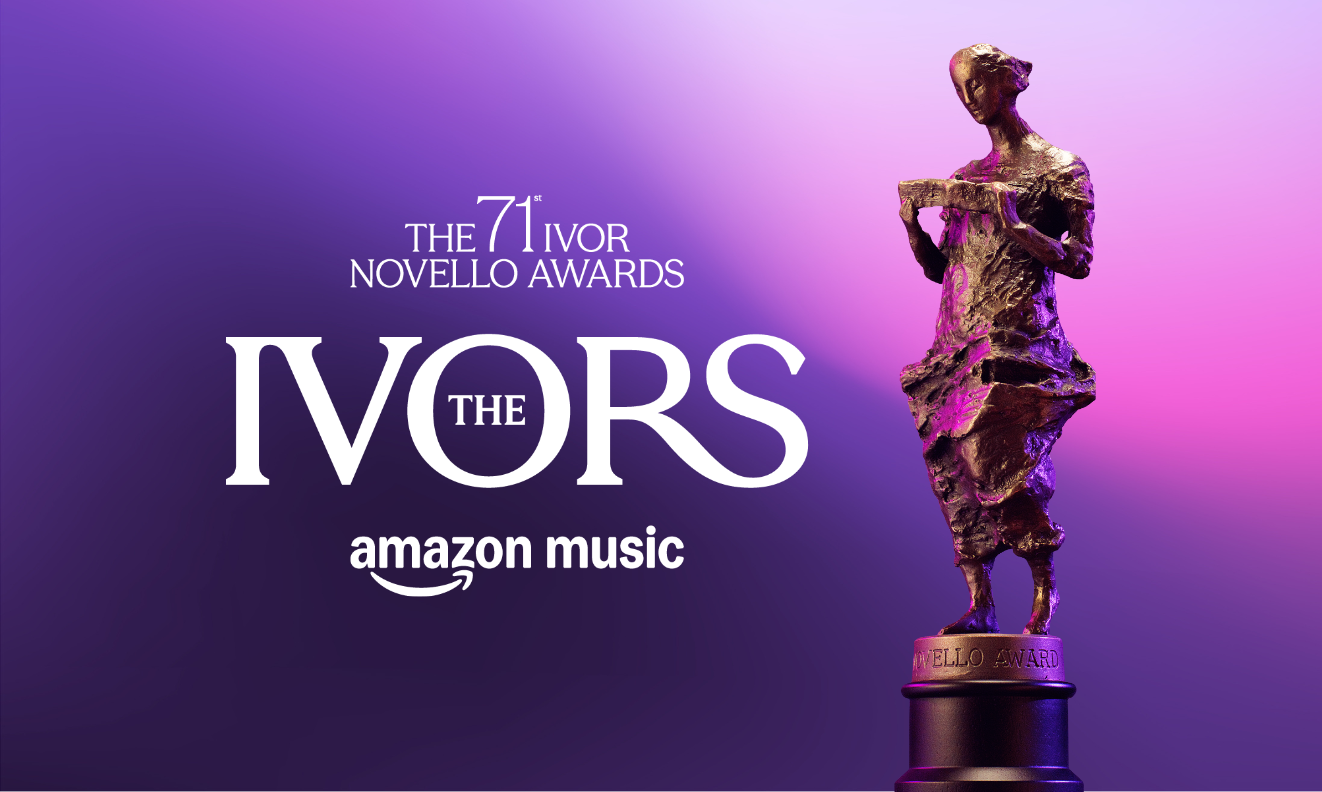 An Ivor Novello Award statuette in front of a purple gradient with the text: The 71st Ivor Novello Awards, The Ivors with Amazon Music.