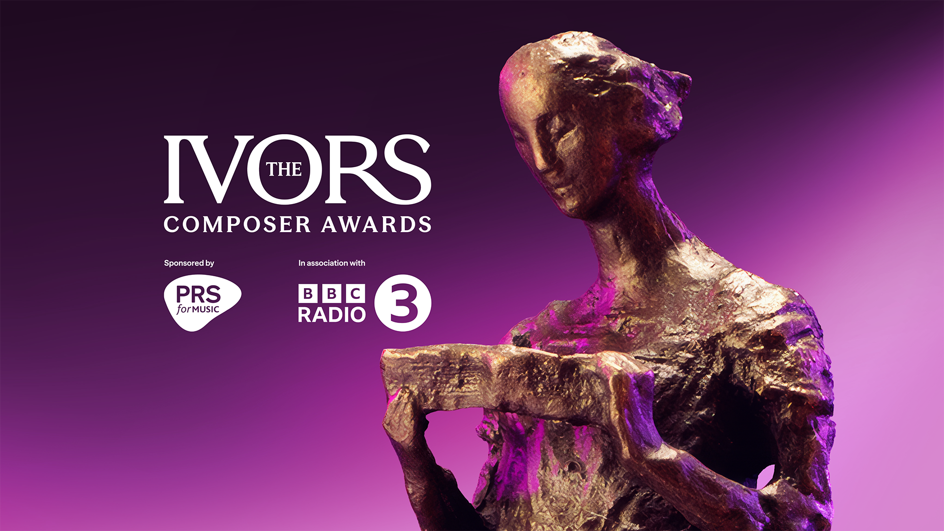 The Ivors Composer Awards sponsored by PRS for Music and in association with BBC Radio 3 logo plus Ivor Novello Award statuette on deep pink background