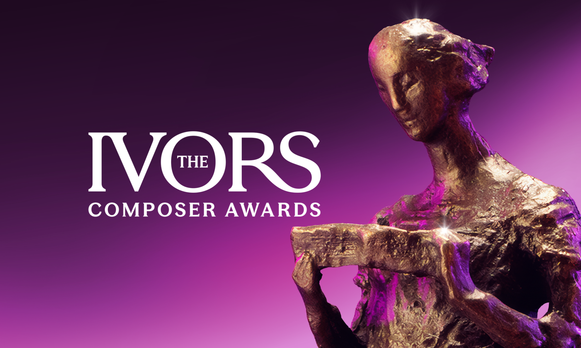 The Ivors Composer Awards logo and Ivor Novello Award statue on a purple background